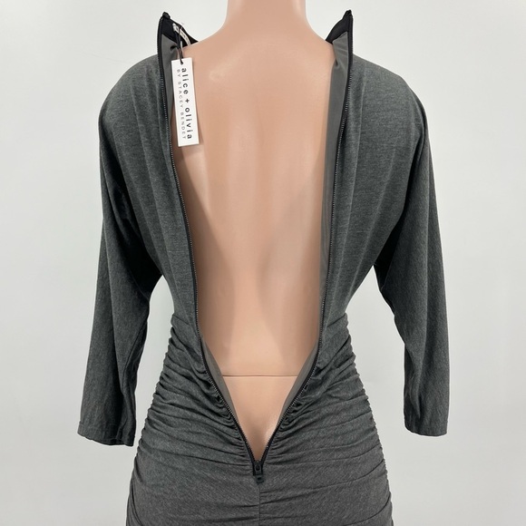 NWT Alice + Olivia Pace Dress in Charcoal Gray Ruched Knit Leather Neck Size 2 - Picture 9 of 16